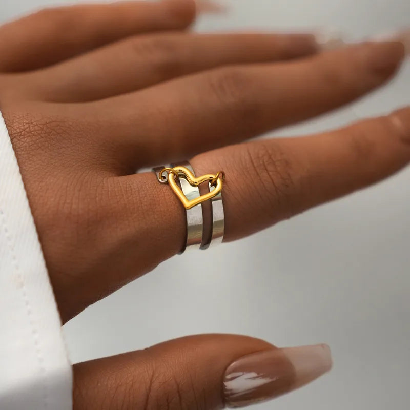 Bague Réglable Adulte - Ajustable - Acier Inoxydable 304 Plaqué Or - Coeur