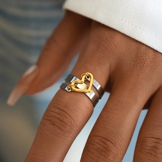 Bague Réglable Adulte - Ajustable - Acier Inoxydable 304 Plaqué Or - Coeur