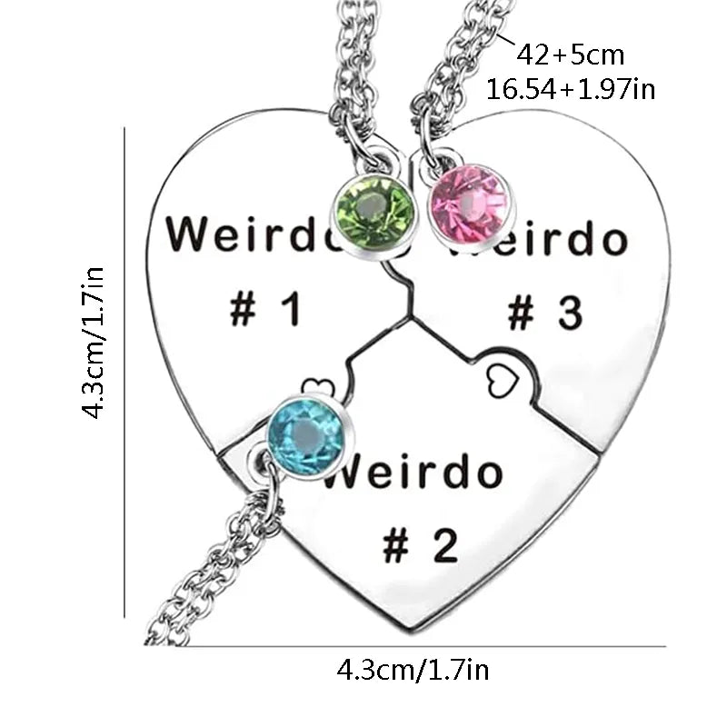 Lot de 3 Colliers D'amitié - Coeur - BFF - Best Friends Forever - "Weirdo" - Acier Inoxydable - Strass - Amitié