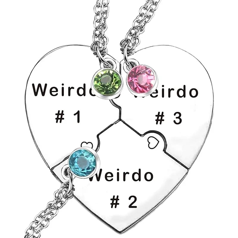 Lot de 3 Colliers D'amitié - Coeur - BFF - Best Friends Forever - "Weirdo" - Acier Inoxydable - Strass - Amitié