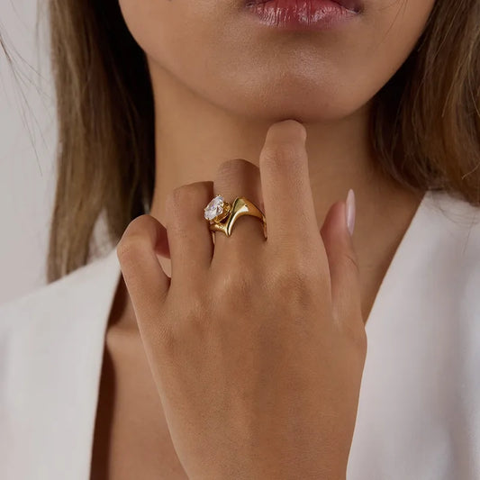 Bague Réglable Adulte - Ajustable - Acier Inoxydable 304 Plaqué Or Strass - Géométrie