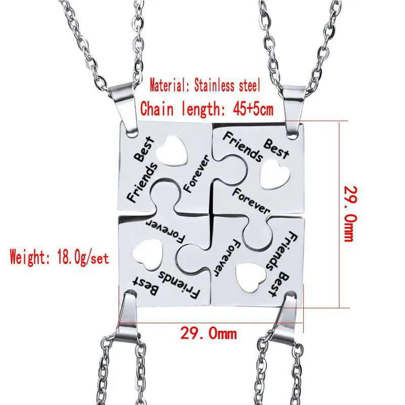 Lot de 4 Colliers D'amitié - Puzzle Coeur - BFF - Best Friends Forever - Amitié - Acier Inoxydable -Pendentif et Chaine Argenté