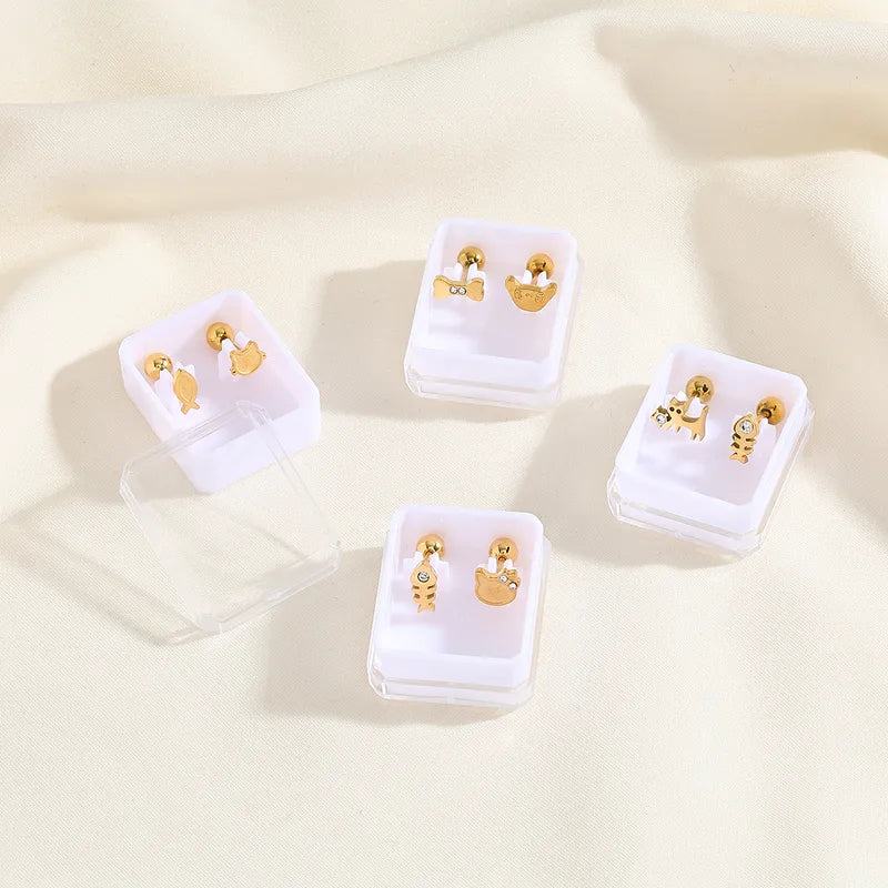 Boucles Oreilles - Chat Poisson ou Chien Os - Acier Inoxydable 304 Zircon Plaqué Or 18K - Clous d'oreilles