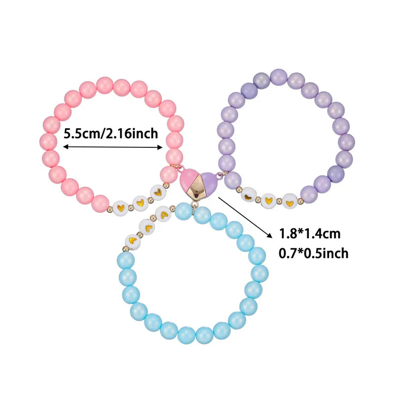 Lot de 3 Bracelets Perle Elastique pour Enfant - BFF - Coeur Aimanté - Mignon à partager