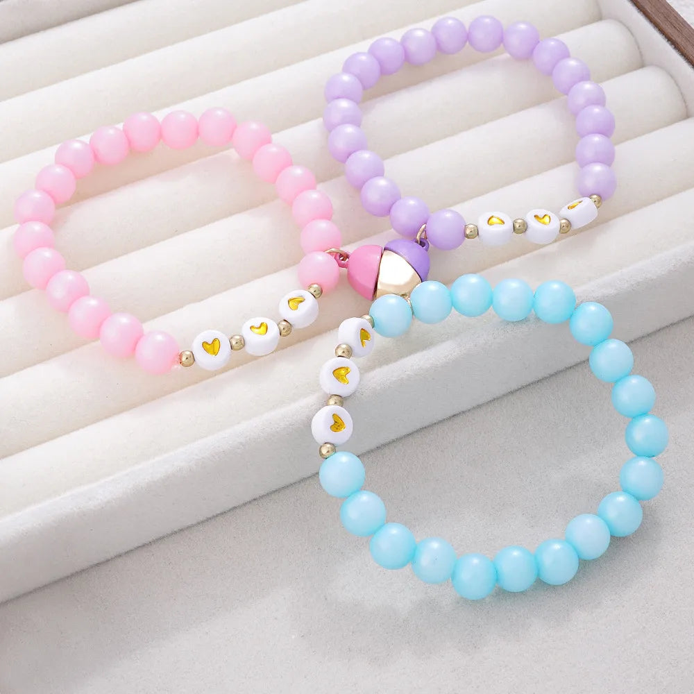 Lot de 3 Bracelets Perle Elastique pour Enfant - BFF - Coeur Aimanté - Mignon à partager