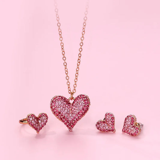 Parure 3 pièces - Collier Boucles Oreilles Bague - Coeur Strass Diamant - Fantaisie - Amoureux - Mignon Doré Strass Saint Valentin