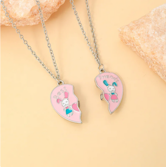 CHILDREN - Set of 2 Glitter Heart Friendship Necklace Chains - BFF Best Friends Forever - Fancy - Magnetic Pendant with Gold Chain