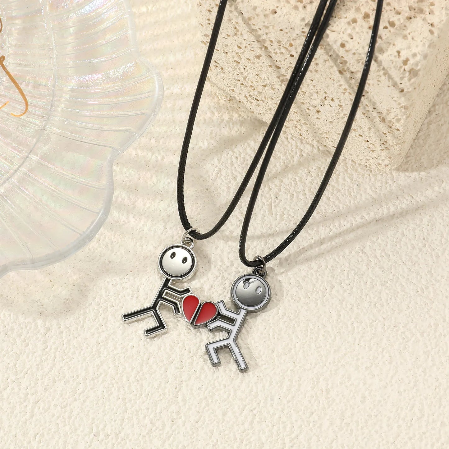 Lot de 2 Colliers BFF Aimanté - Petits Bonhommes avec Coeur - Acier Inoxydable - Best Friends Forever - Fantaisie - Amoureux Couple