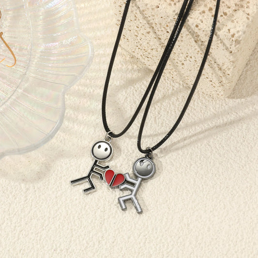 Lot de 2 Colliers BFF Aimanté - Petits Bonhommes avec Coeur - Acier Inoxydable - Best Friends Forever - Fantaisie - Amoureux Couple