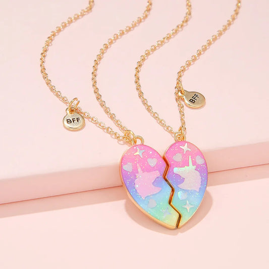 Lot de 2 Colliers BFF Aimanté - Licornes - Best Friends Forever - Pendentif Coeur - Amitié