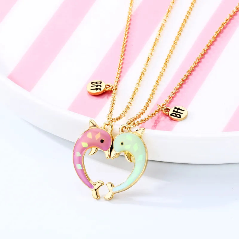 Lot de 2 Colliers D'amitié Aimanté - Coeur Dauphins - BFF - Best Friends Forever - Fantaisie - Chaine Doré - Amitié