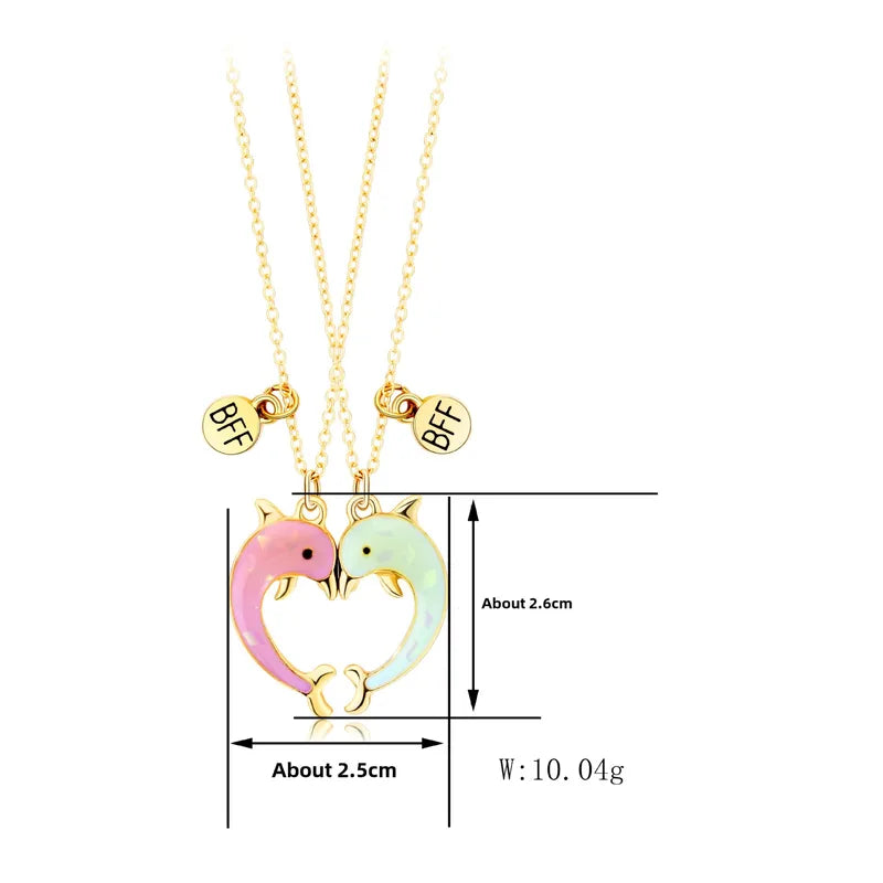 Lot de 2 Colliers D'amitié Aimanté - Coeur Dauphins - BFF - Best Friends Forever - Fantaisie - Chaine Doré - Amitié