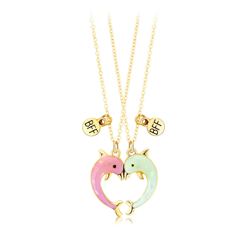 Lot de 2 Colliers D'amitié Aimanté - Coeur Dauphins - BFF - Best Friends Forever - Fantaisie - Chaine Doré - Amitié