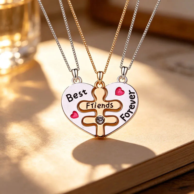Lot de 3 Colliers BFF - Pendentif Coeur Coeur Bonhomme - Best Friends Forever - Amitié