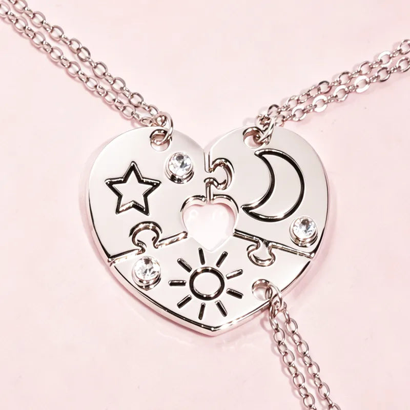CHILD - Set of 3 Round Rhinestone Star Moon Sun Friendship Necklaces - BFF Best Friends Forever - Fantasy - Cute Pendant