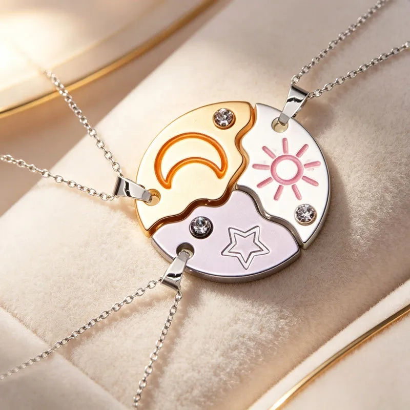 Lot de 3 Colliers D'amitié - Etoile Lune Soleil - BFF - Best Friends Forever - Pendentif Puzzle Rond - Mignon - Amitié - À Partager