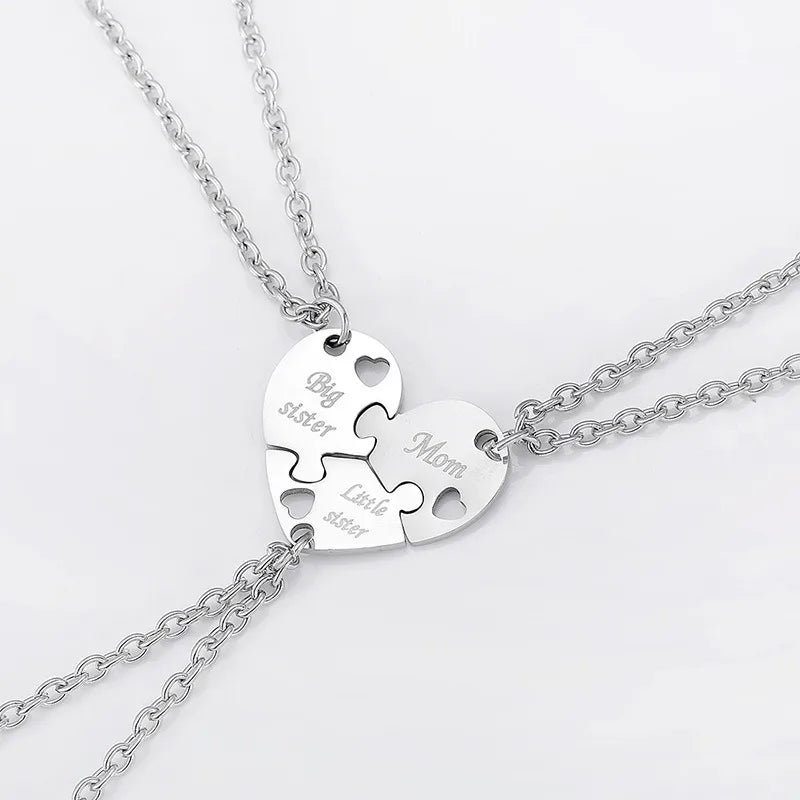 Lot de 3 Colliers Coeur - Mère Filles - Famille Parents Enfant Maman Soeur Filles - Pendentif Coeur Puzzle Acier Inoxydable
