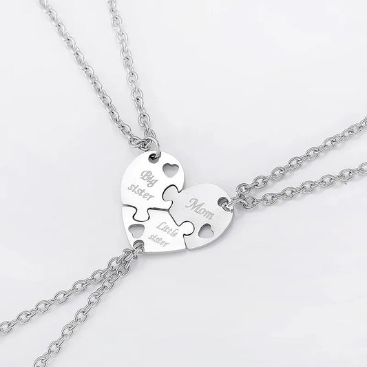 Lot de 3 Colliers Coeur - Mère Filles - Famille Parents Enfant Maman Soeur Filles - Pendentif Coeur Puzzle Acier Inoxydable
