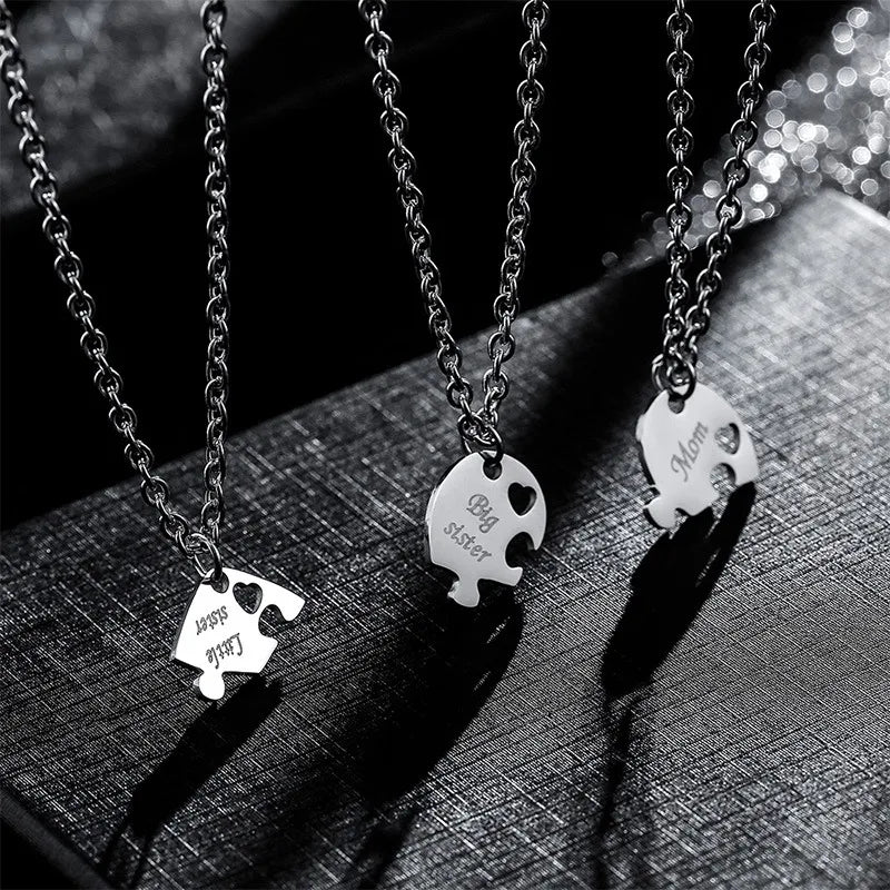 Lot de 3 Colliers Coeur - Mère Filles - Famille Parents Enfant Maman Soeur Filles - Pendentif Coeur Puzzle Acier Inoxydable