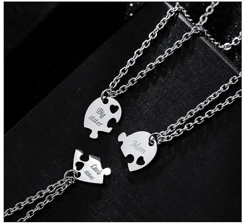 Lot de 3 Colliers Coeur - Mère Filles - Famille Parents Enfant Maman Soeur Filles - Pendentif Coeur Puzzle Acier Inoxydable