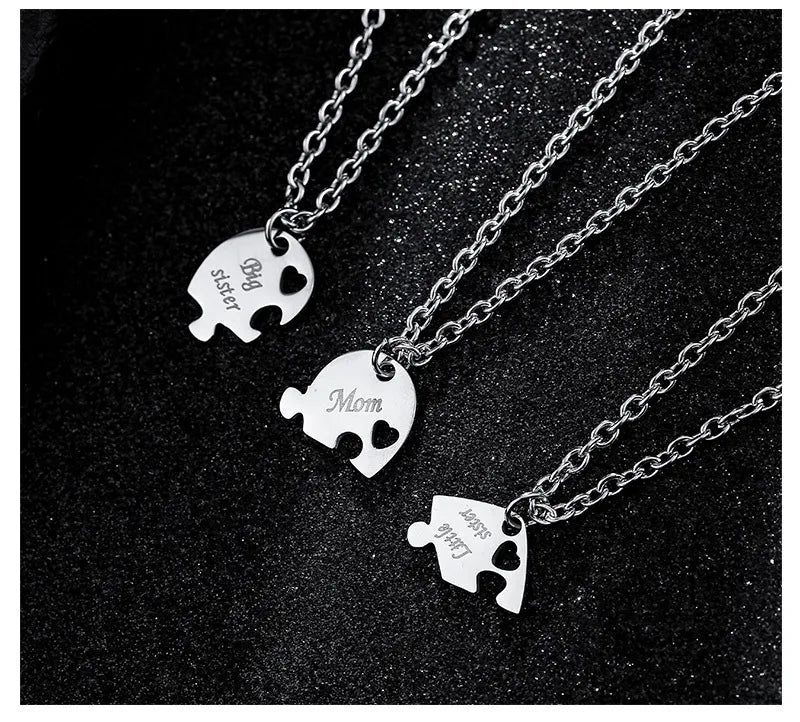 Lot de 3 Colliers Coeur - Mère Filles - Famille Parents Enfant Maman Soeur Filles - Pendentif Coeur Puzzle Acier Inoxydable