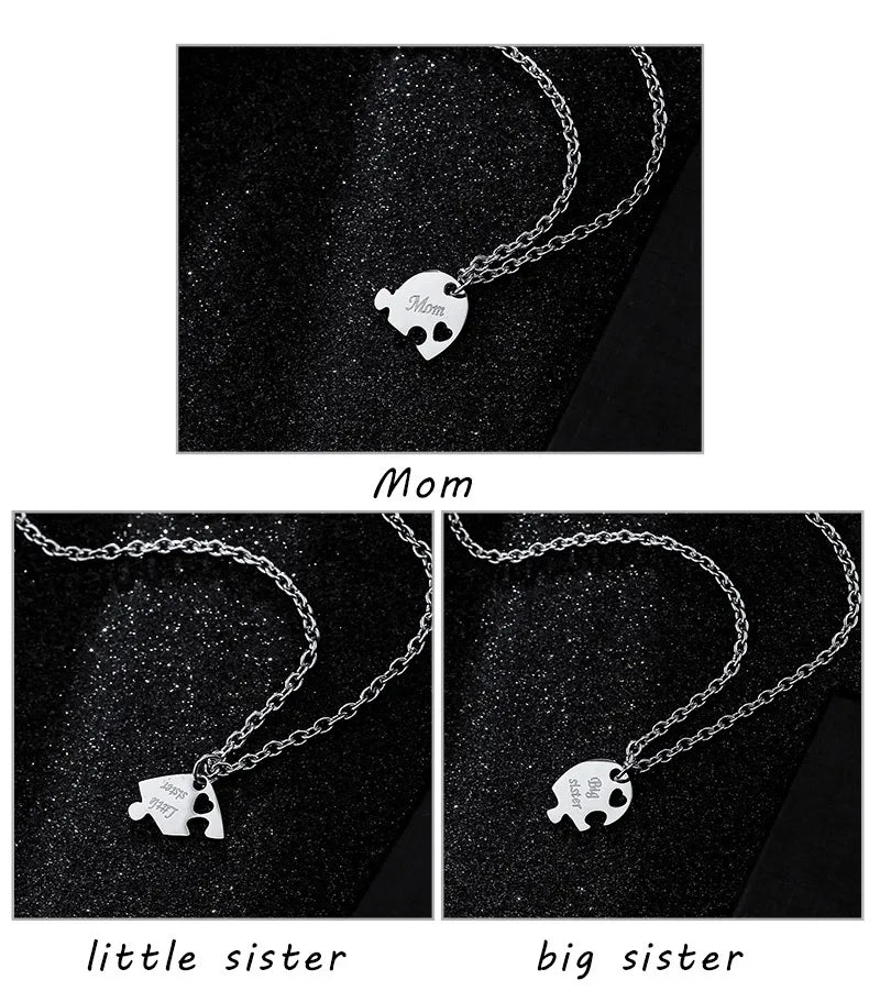 Lot de 3 Colliers Coeur - Mère Filles - Famille Parents Enfant Maman Soeur Filles - Pendentif Coeur Puzzle Acier Inoxydable