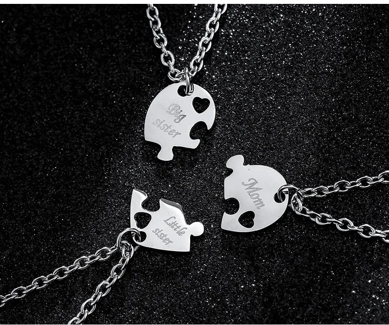 Lot de 3 Colliers Coeur - Mère Filles - Famille Parents Enfant Maman Soeur Filles - Pendentif Coeur Puzzle Acier Inoxydable