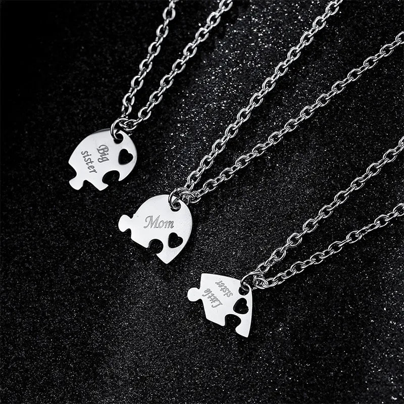 Lot de 3 Colliers Coeur - Mère Filles - Famille Parents Enfant Maman Soeur Filles - Pendentif Coeur Puzzle Acier Inoxydable