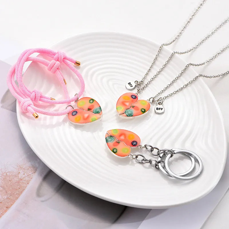 Lot de 2 Colliers, Bracelets ou Porte Clés BFF Aimanté - Coeur Fruits - Best Friends Forever - Amitié