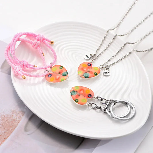 Lot de 2 Colliers, Bracelets ou Porte Clés BFF Aimanté - Coeur Fruits - Best Friends Forever - Amitié