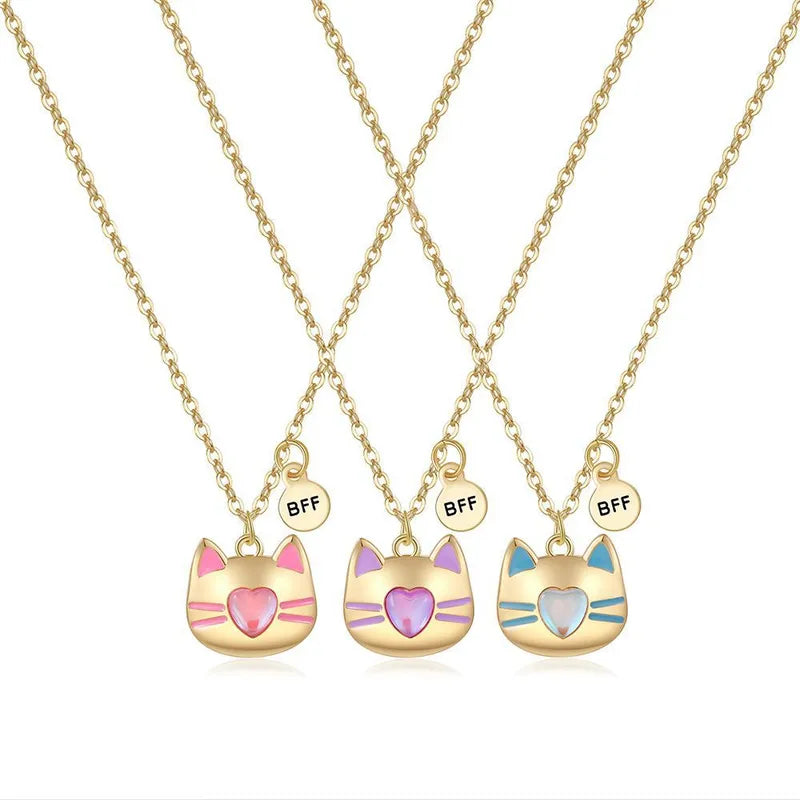 Lot de 3 Colliers BFF - Chat Coeur - Best Friends Forever - Pendentif à Partager - Amitié