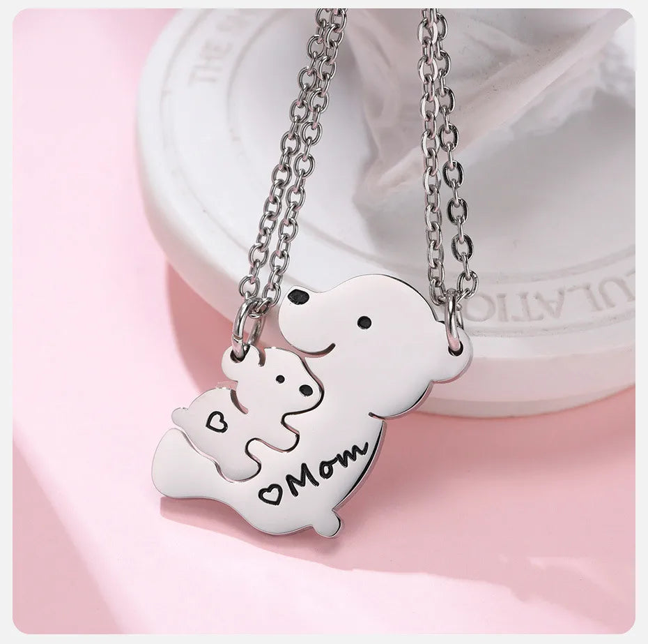 Lot de 2 Colliers - Mère Enfant - Famille Parents Enfant Maman - Pendentif Ours et Ourson à partager - Acier Inoxydable