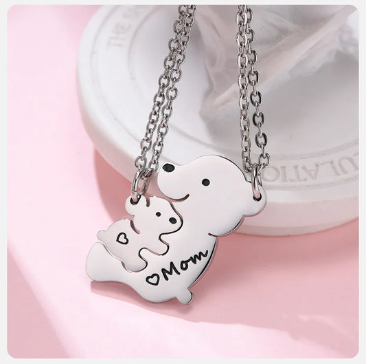 Lot de 2 Colliers - Mère Enfant - Famille Parents Enfant Maman - Pendentif Ours et Ourson à partager - Acier Inoxydable