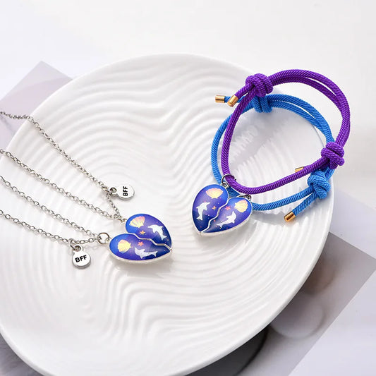 Lot de 2 Colliers ou Bracelets BFF Aimanté - Coeur Dauphin Coquillage Paillettes - BFF - Best Friends Forever - Amitié