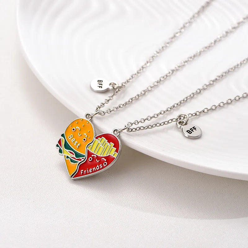Lot de 2 Colliers ou Bracelets BFF Aimanté - Hamburger Frites à Partager - Best Friends Forever - Amoureux Meilleurs Amis Couple Amitié