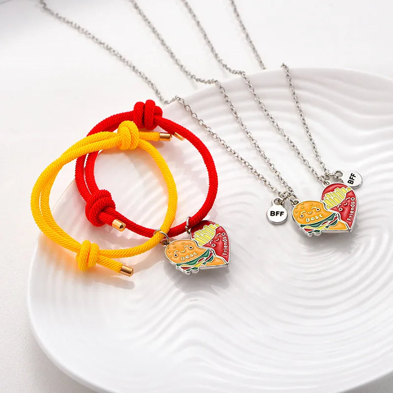 Lot de 2 Colliers ou Bracelets BFF Aimanté - Hamburger Frites à Partager - Best Friends Forever - Amoureux Meilleurs Amis Couple Amitié