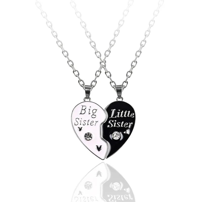 Lot de 2 Colliers Sister Forever - Soeurs - Ainée Cadette - Famille Enfant Soeur Filles - Pendentif Coeur Strass - Acier Inoxydable