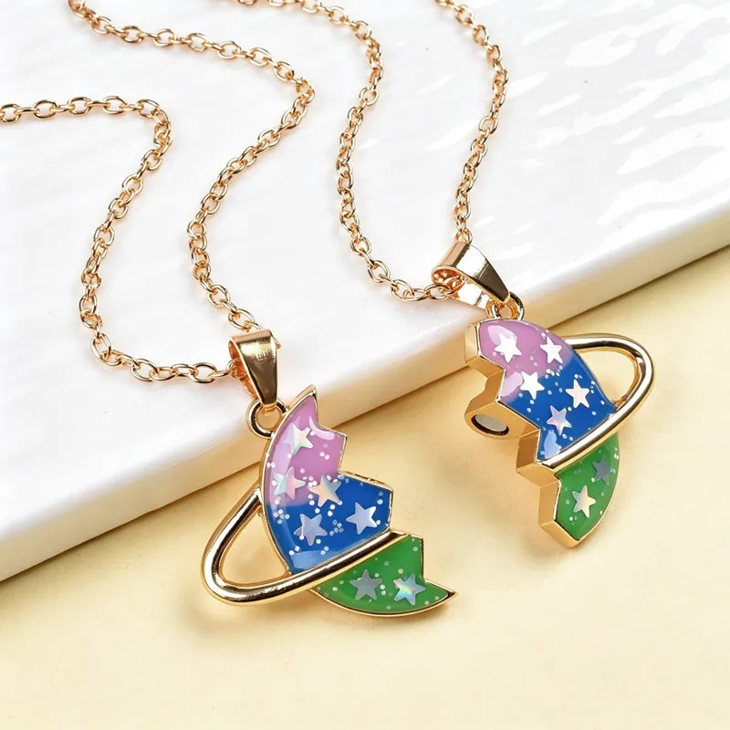 Lot de 2 Colliers D'amitié Aimanté - Planète Etoile Paillettes - BFF - Best Friends Forever - Amitié