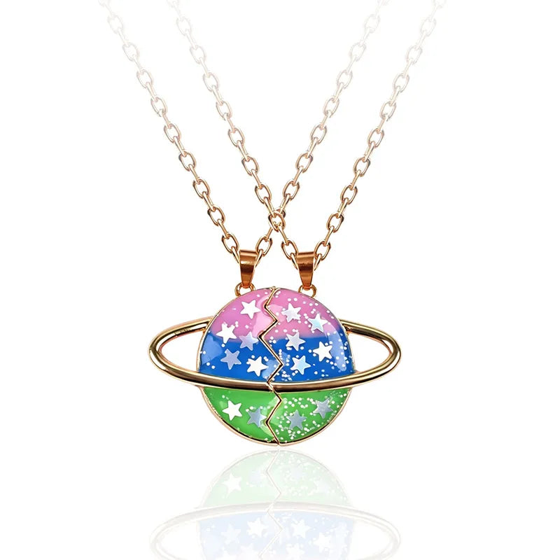 Lot de 2 Colliers D'amitié Aimanté - Planète Etoile Paillettes - BFF - Best Friends Forever - Amitié