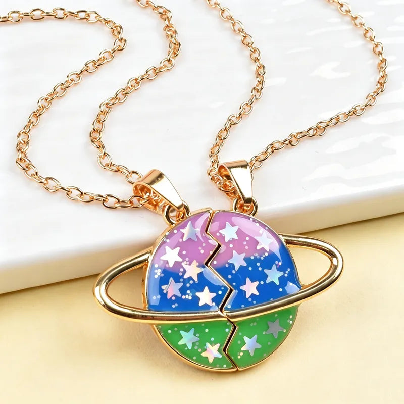Lot de 2 Colliers D'amitié Aimanté - Planète Etoile Paillettes - BFF - Best Friends Forever - Amitié