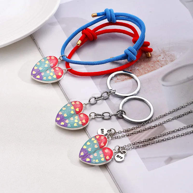 Lot de 2 Colliers, Bracelets ou Porte Clés BFF Aimanté - Coeur Paillettes - Best Friends Forever - Amitié