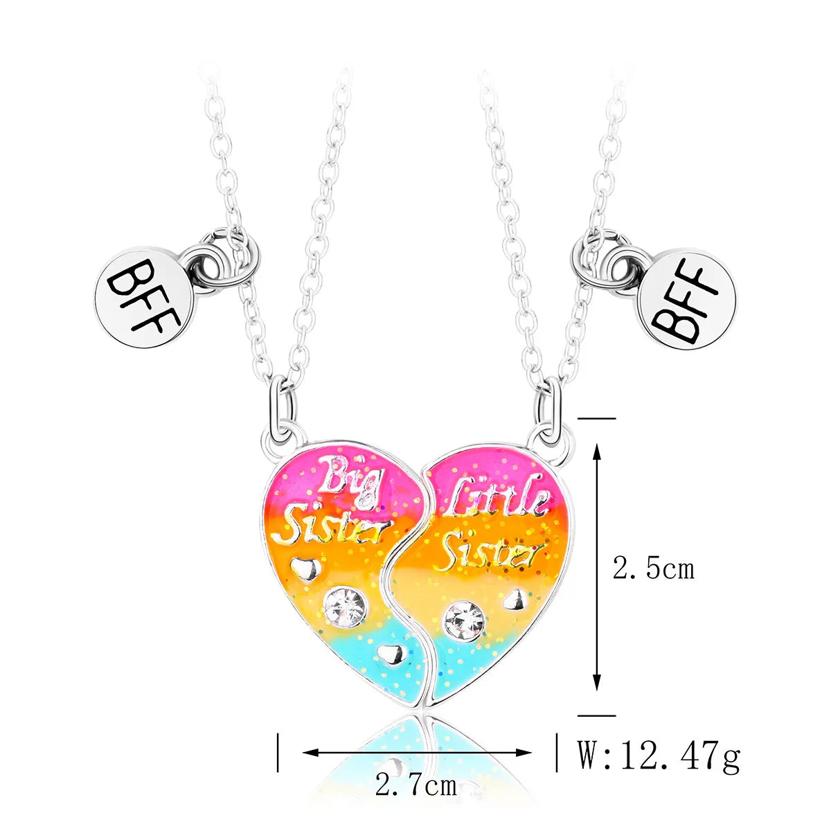 Set of 2 Sister Necklaces Chains - Little Sister Big Sister Family - Fantasy - Magnetic Heart Pendant