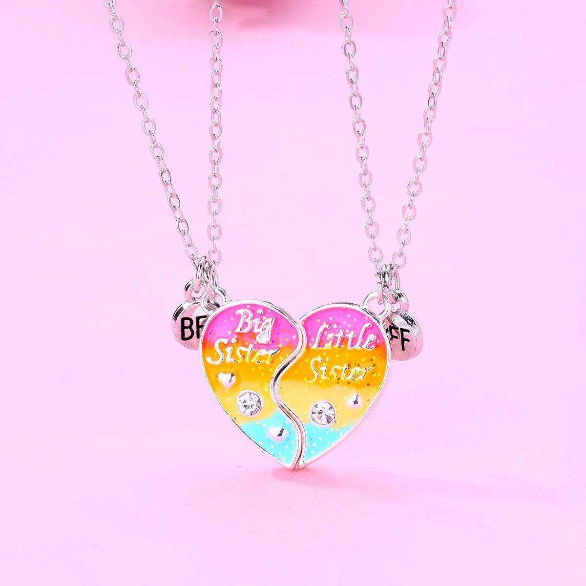 Set of 2 Sister Necklaces Chains - Little Sister Big Sister Family - Fantasy - Magnetic Heart Pendant