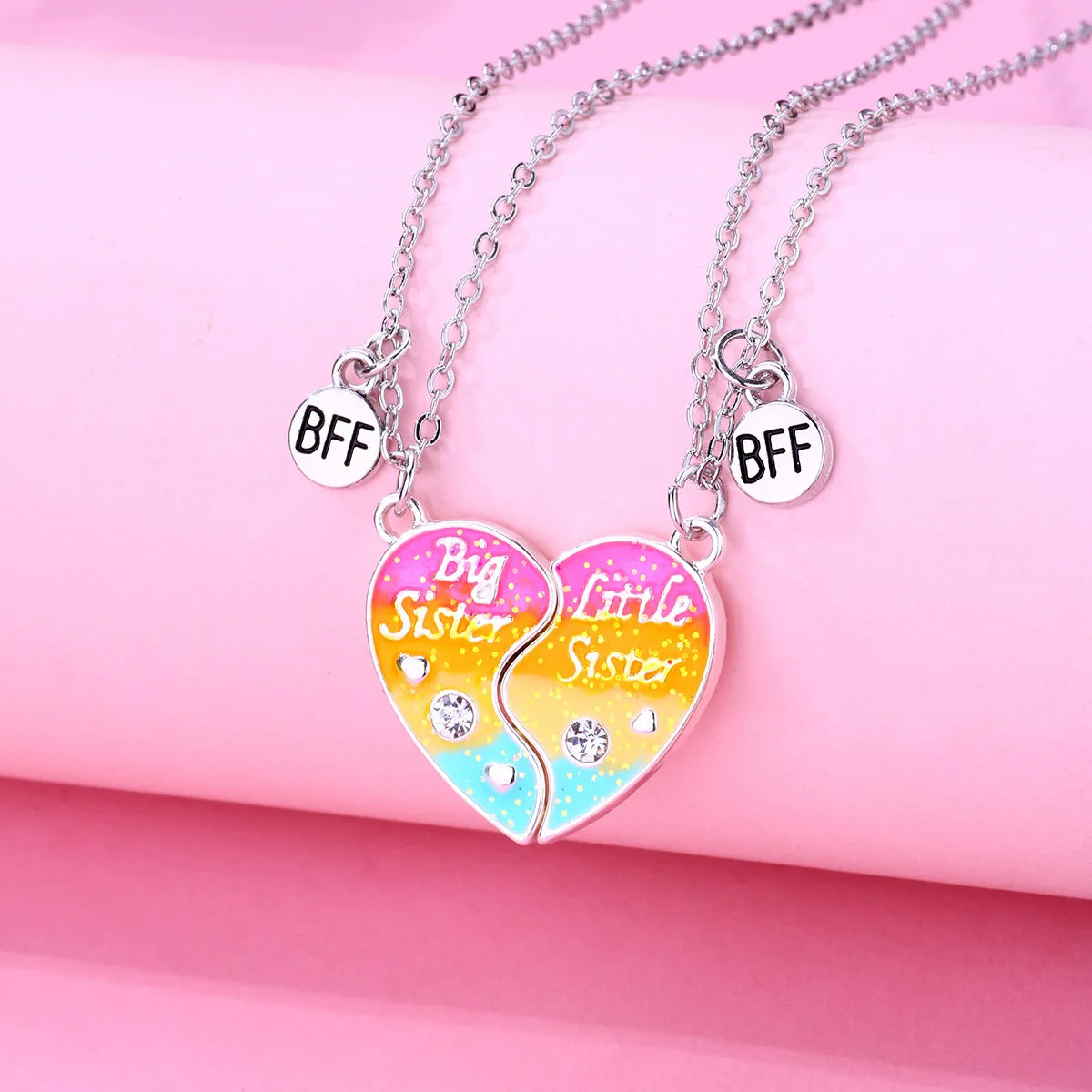 Set of 2 Sister Necklaces Chains - Little Sister Big Sister Family - Fantasy - Magnetic Heart Pendant