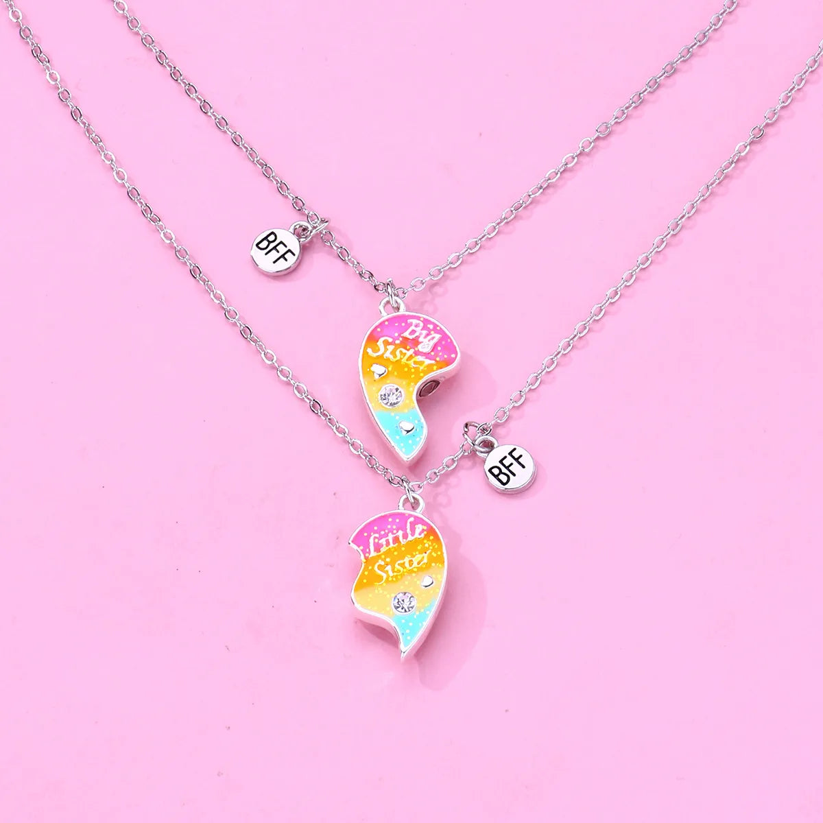 Set of 2 Sister Necklaces Chains - Little Sister Big Sister Family - Fantasy - Magnetic Heart Pendant