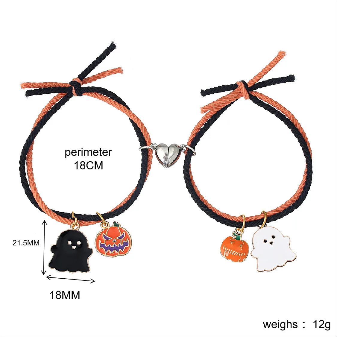 Lot de 2 Bracelets D'amitié Cordon Elastique - Petit Fantôme - BFF - Best Friends Forever - Fantaisie - Pendentif Aimanté Coeur - Halloween Citrouille