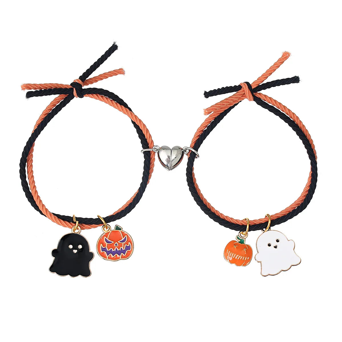 Lot de 2 Bracelets D'amitié Cordon Elastique - Petit Fantôme - BFF - Best Friends Forever - Fantaisie - Pendentif Aimanté Coeur - Halloween Citrouille