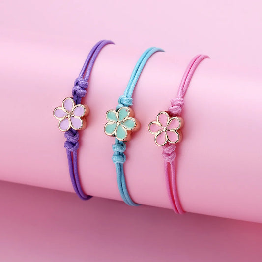 CHILD - Set of 3 Adjustable Cord Bracelets - Small Pastel Colored Flower - Cute Sweet Pendant