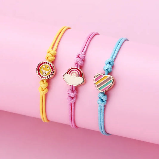 Lot de 3 Bracelets Cordon Réglable avec Carte - Smiley Coeur Arc en Ciel - Couleurs Pastels - Mignon