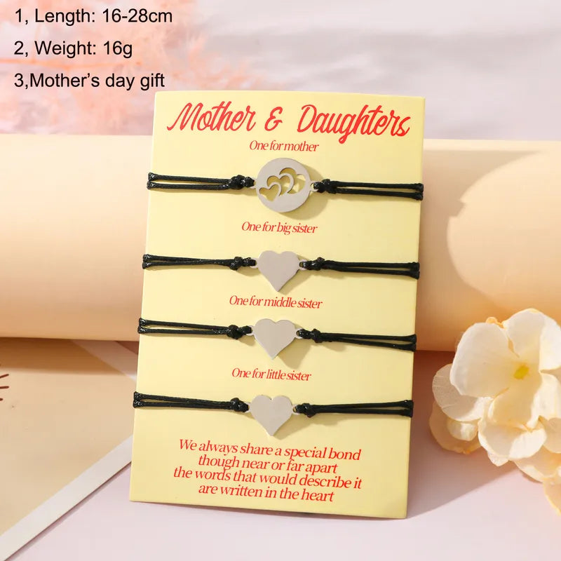 Lot de 4 Bracelets Réglables avec Carte - Cœur Mère Filles - Famille Parents Enfant Maman Fille - Pendentif Coeur - Acier Inoxydable